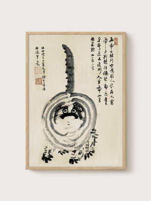 Japanese Cat Art Print poster in oak frame