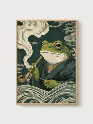 Japanese Frog Art Print poster in oak frame