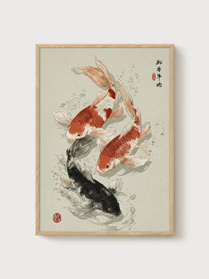 Japanese Koi Fish Print poster in oak frame