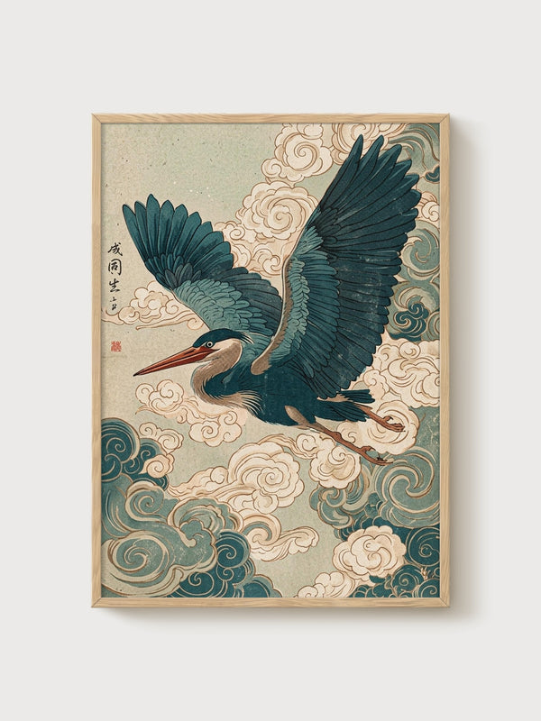 Japanese Heron Print poster in oak frame