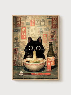 Japanese Cat Print poster in oak frame