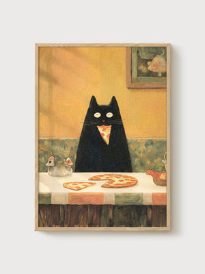 Black Cat Pizza Print poster in oak frame