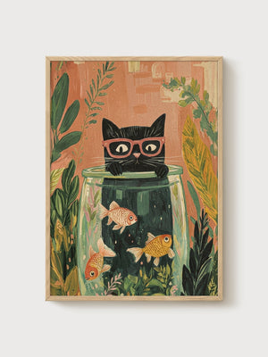 Black Cat Print poster in oak frame