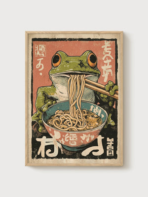 Japanese Frog Ramen Print poster in oak frame
