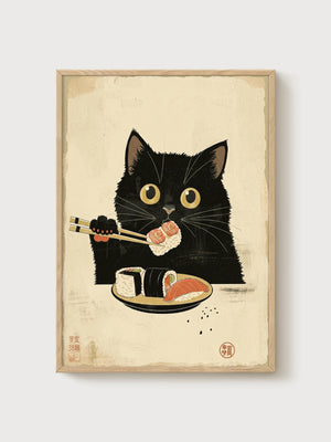 Black Cat Eating Sushi Print poster in oak frame