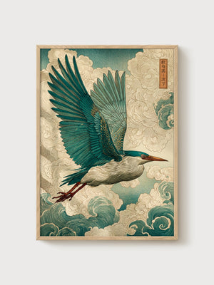 Japanese Woodblock Print poster in oak frame