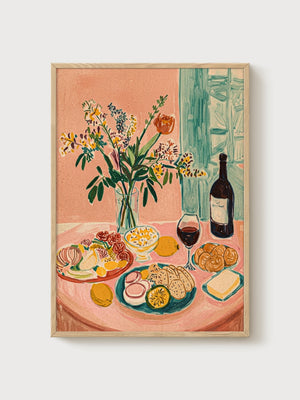 Vintage 1950s Still Life Print poster in oak frame