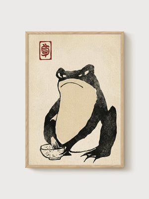 Japanese Frog Art Print poster in oak frame