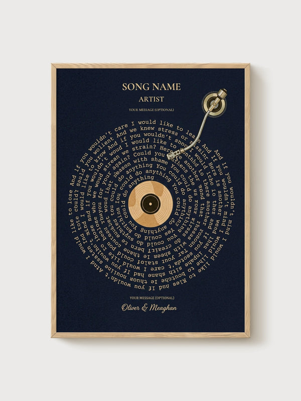 Custom Song Lyrics Print poster in oak frame