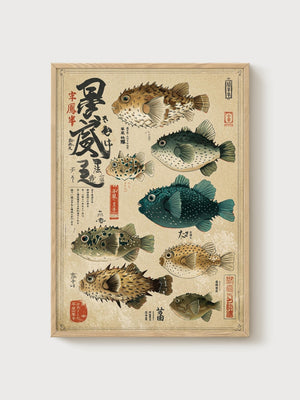 Japanese Pufferfish Print poster in oak frame