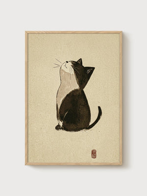 Japanese Cat Art Print poster in oak frame