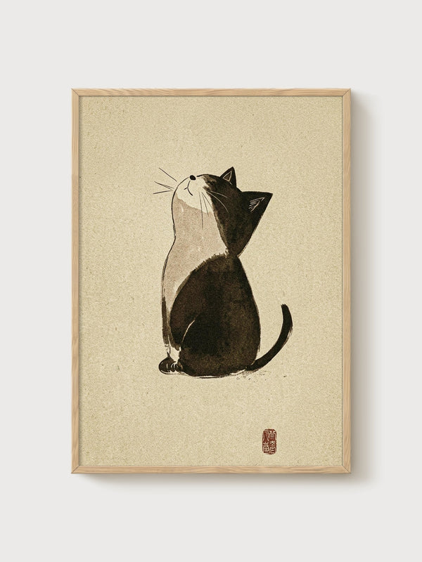 Japanese Cat Art Print poster in oak frame