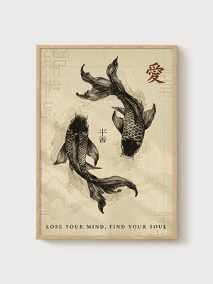 Koi Fish Print poster in oak frame
