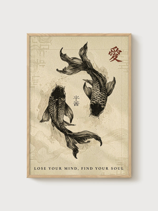 Koi Fish Print poster in oak frame