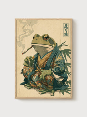 Japanese Frog Print poster in oak frame