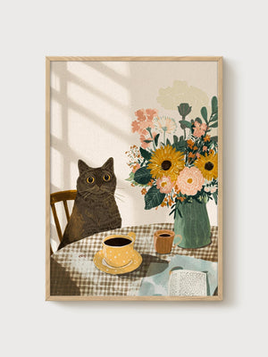 Black Cat Sunflower Print poster in oak frame