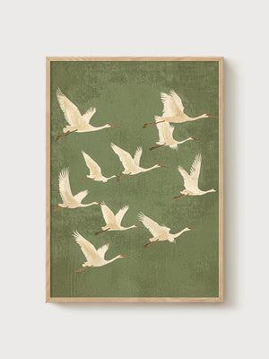 Japanese Crane Print poster in oak frame