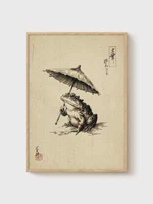 Japanese Frog Art Print poster in oak frame