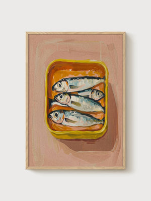Sardines Art Print poster in oak frame