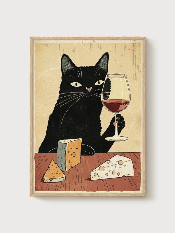 Black Cat Wine Print poster in oak frame