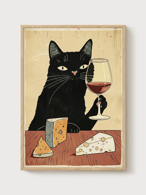 Black Cat Wine Print poster in oak frame