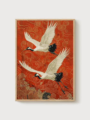 Japanese Crane Print poster in oak frame