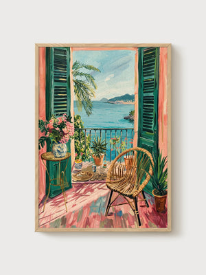 Vintage Balcony Print poster in oak frame