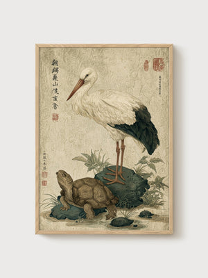 Japanese Stork and Turtle Print poster in oak frame