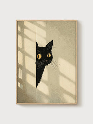Black Cat Art Print poster in oak frame