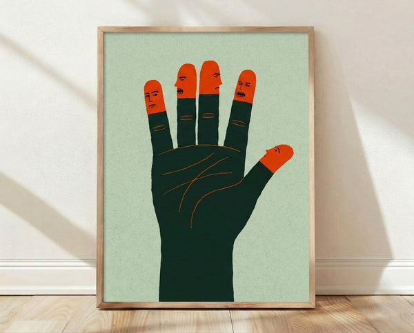 Bauhaus-style poster featuring an abstract hand with five faces integrated into the fingers, rendered in sage green, forest green, burnt orange, and cream on a minimalist composition.