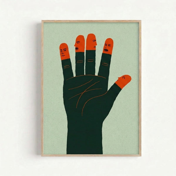 Framed modern art print showcasing a surreal hand design with five stylized faces, combining Bauhaus geometry with conceptual imagery in a muted sage and burnt orange palette.