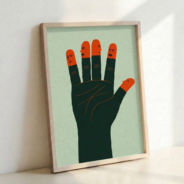 Contemporary minimalist poster of an abstract hand with five integrated faces, created in Bauhaus aesthetic using sage green, forest green, and warm accent colors.