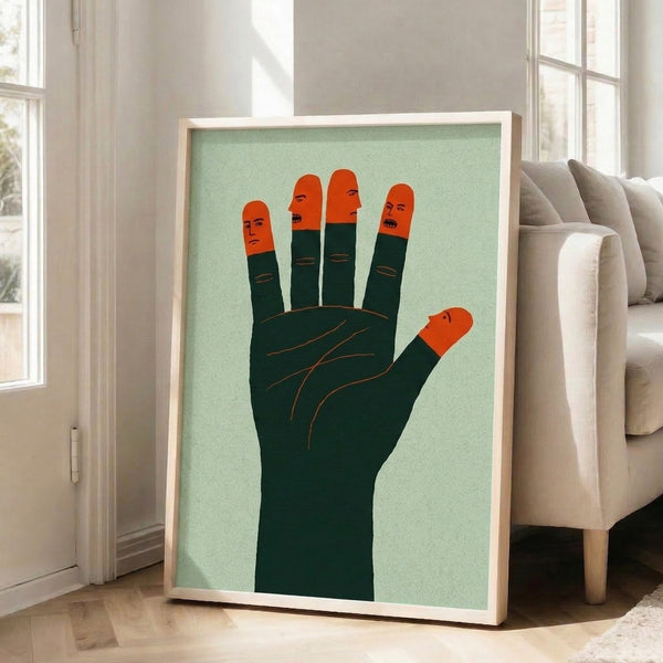 Thought-provoking Bauhaus print depicting a single hand with five faces woven throughout the fingers, rendered in earthy tones of sage, forest green, and burnt orange.