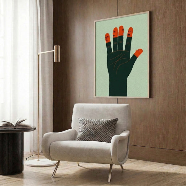 Surreal modern art poster featuring five faces composing an abstract hand form, designed in Bauhaus style with cream, sage green, and forest green tones.