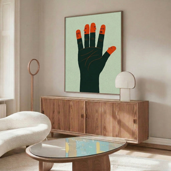 Framed minimalist Bauhaus-inspired artwork showing a conceptual hand design with five faces integrated into the composition, palette of sage green, burnt orange, and cream.