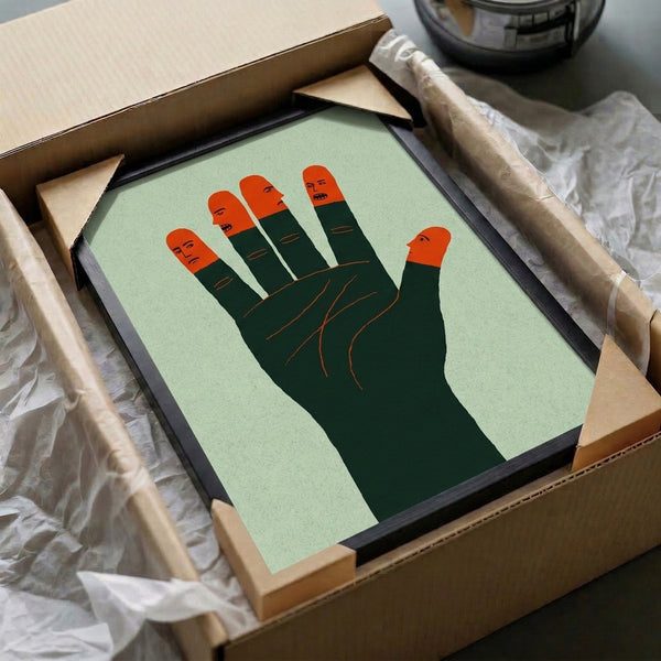 Contemporary poster art with a geometric hand and five faces in surreal arrangement, Bauhaus design sensibility, muted sage and forest green with burnt orange accents.
