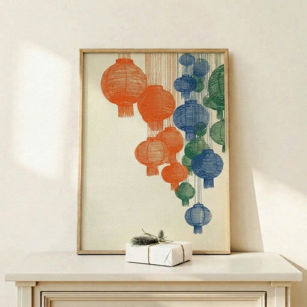 Festive yet contemplative Japandi art print of three ornamental lanterns suspended with tasseled fringe, rendered in warm cream and rust hues against cool blue and green accents.