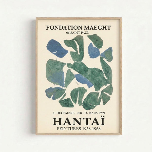 Hantai Fondation Maeght 1968 exhibition poster featuring flowing abstract forms in sage green and cream, mounted as framed wall art.