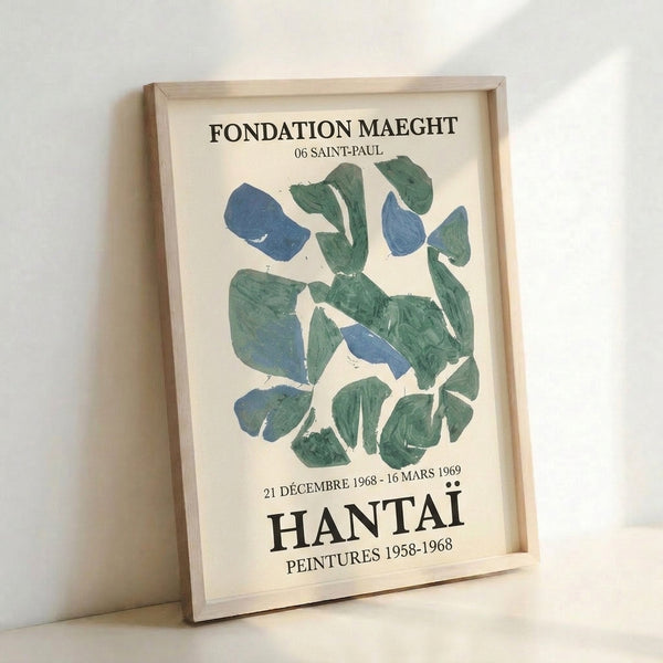 Vintage abstract art print with gestural brush marks in teal and blue-gray hues, creating organic modernist composition on cream background.