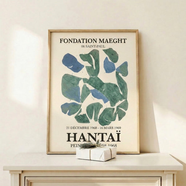 Framed poster displaying contemplative abstract design with soft sage and steel blue strokes on cream, characteristic of 1960s modernist aesthetics.