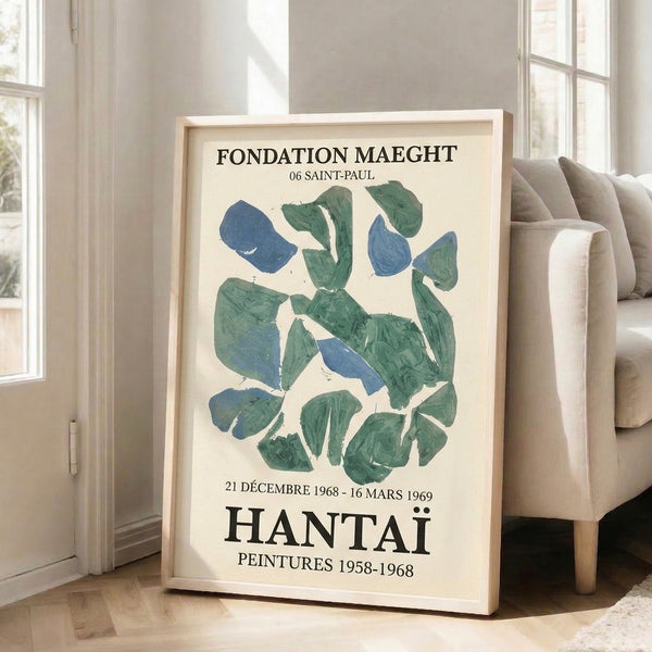 Abstract expressionist-inspired poster in muted palette of cream, teal green, and steel blue with organic flowing forms and gestural marks.