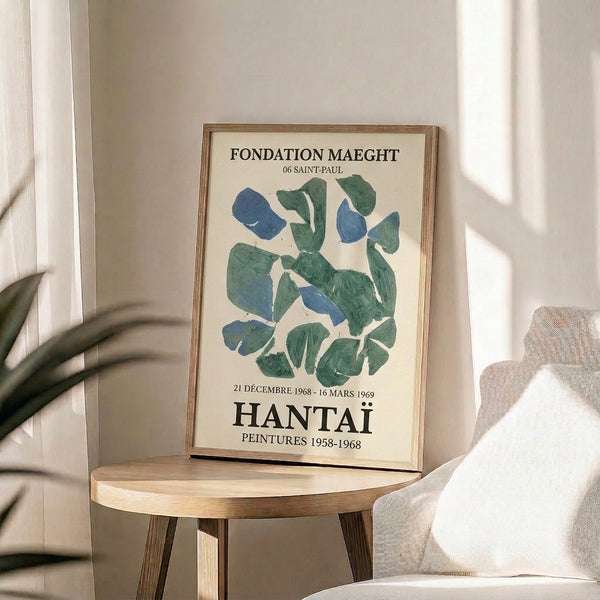 Vintage 1968 exhibition poster featuring minimalist abstract composition in cool tones of green, blue, and cream with organic brush work.