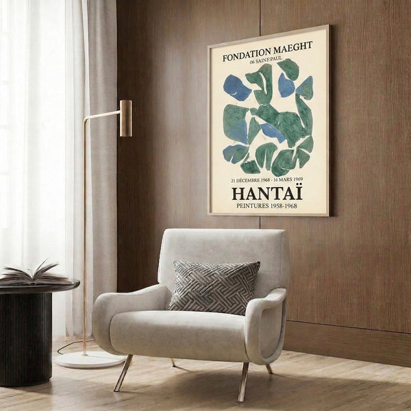 Modernist abstract wall art print with subtle teal and sage green strokes on cream background, evoking contemplative organic forms.