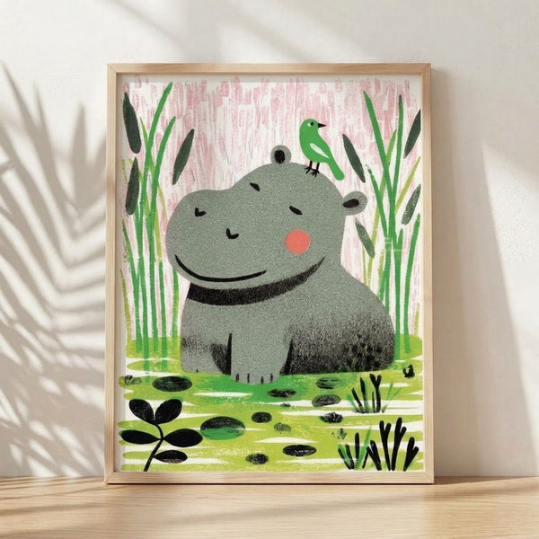 Whimsical boho art print featuring a pink hippopotamus and green bird among reeds and water plants in minimalist folk art style, creating a joyful and peaceful nursery wall decoration.