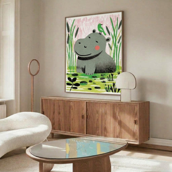 Peaceful boho-inspired framed print showcasing a happy hippo and bird in a serene wetland setting with reeds, combining soft pink, green, and gray tones in folk art style.