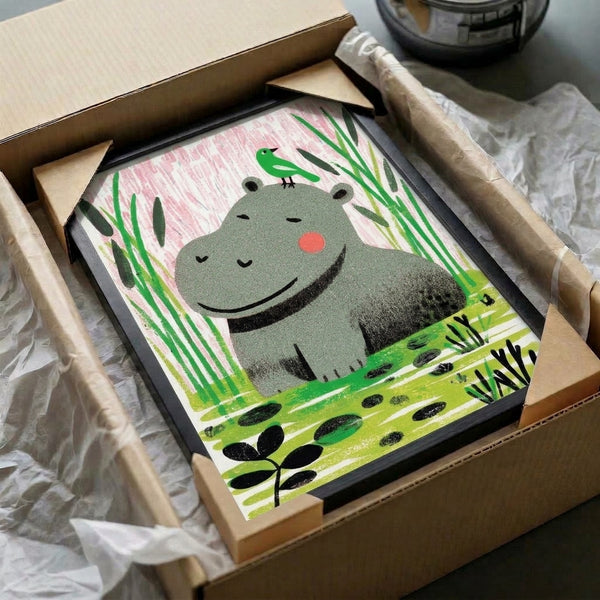Joyful whimsical poster depicting a pink hippopotamus and green bird among marsh grasses in minimalist boho illustration with muted coral, green, and gray palette.