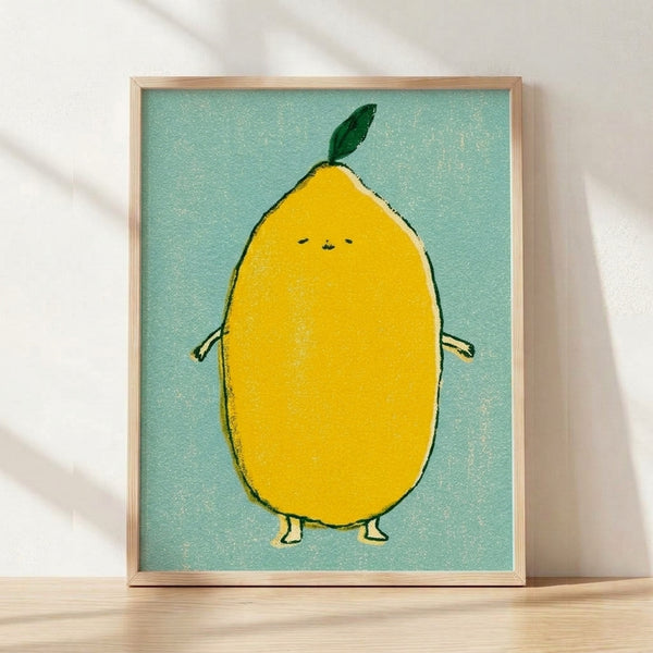 Minimalist boho poster featuring a cheerful yellow fruit character with mint green leaf, displayed as framed wall art in warm cream tones.