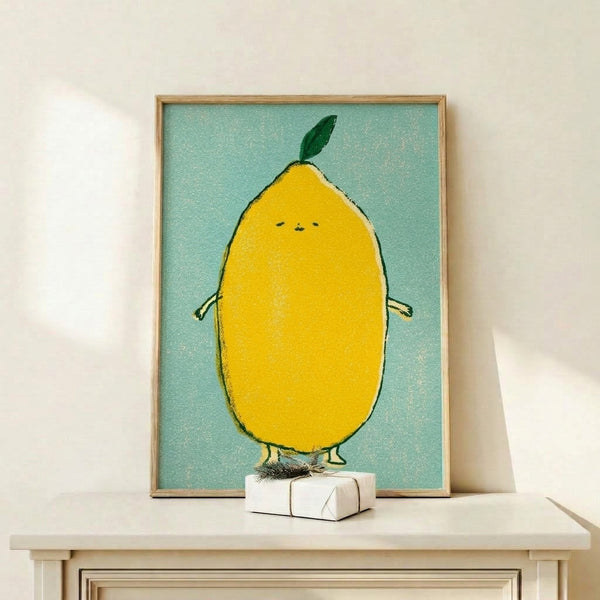 Whimsical fruit character art print in yellow and soft green with a playful standing pose, rendered in minimalist boho style on cream background.