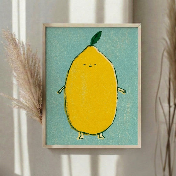 Framed poster of a delightful yellow fruit figure with dark green foliage detail, cheerful and warm minimalist aesthetic ideal for kitchen or children's spaces.