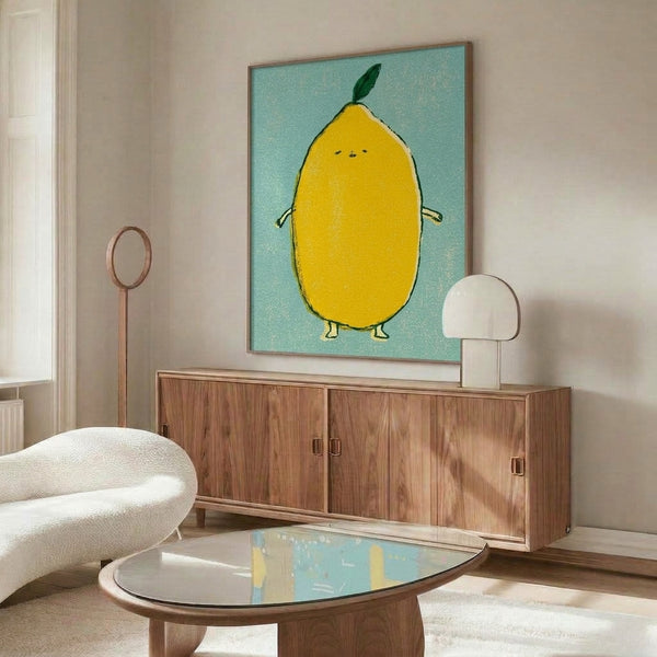 Boho-inspired minimalist print showcasing a friendly yellow fruit character with mint and dark green accents on a light cream backdrop.